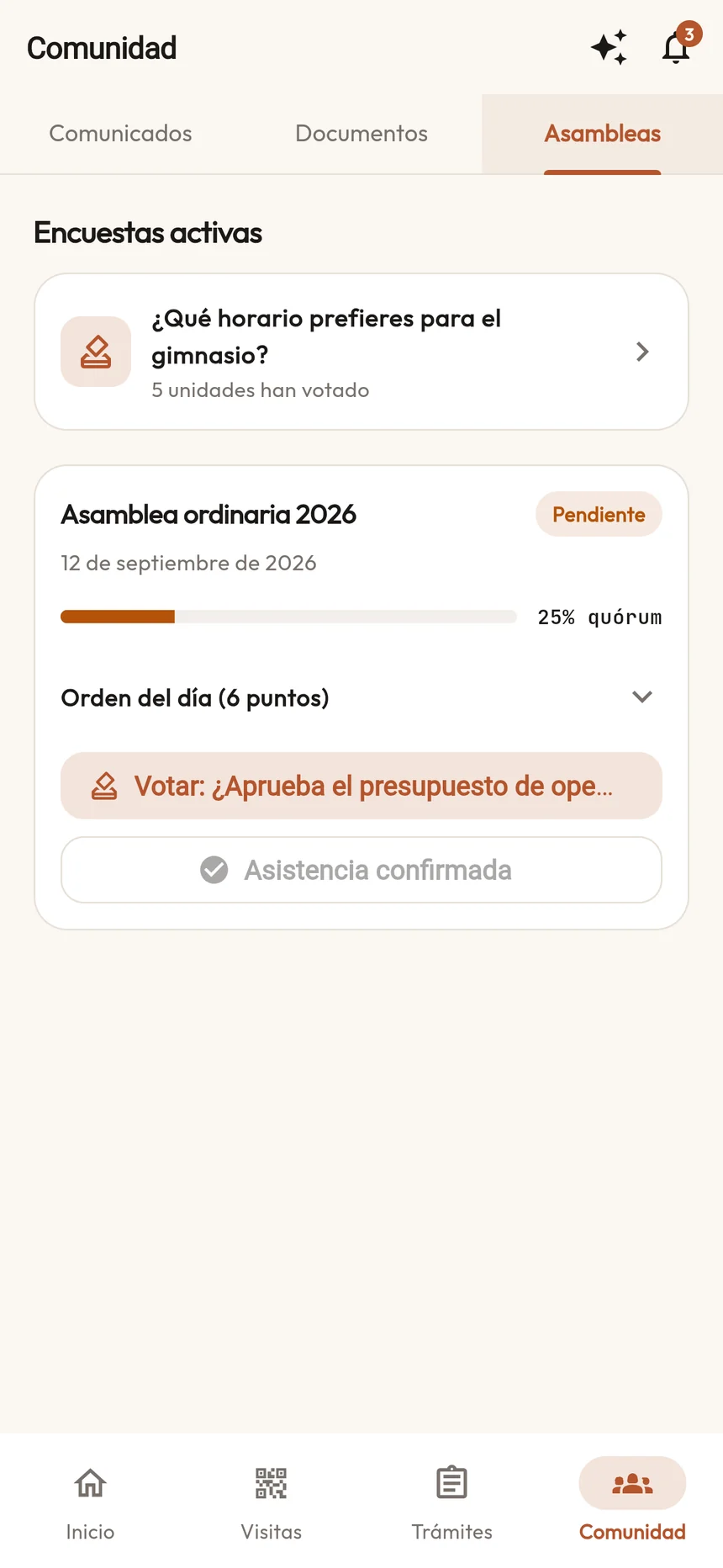 Pestaña Asambleas de la comunidad: encuesta activa, asamblea ordinaria 2026 con quórum parcial y botones Votar y Asistencia confirmada.