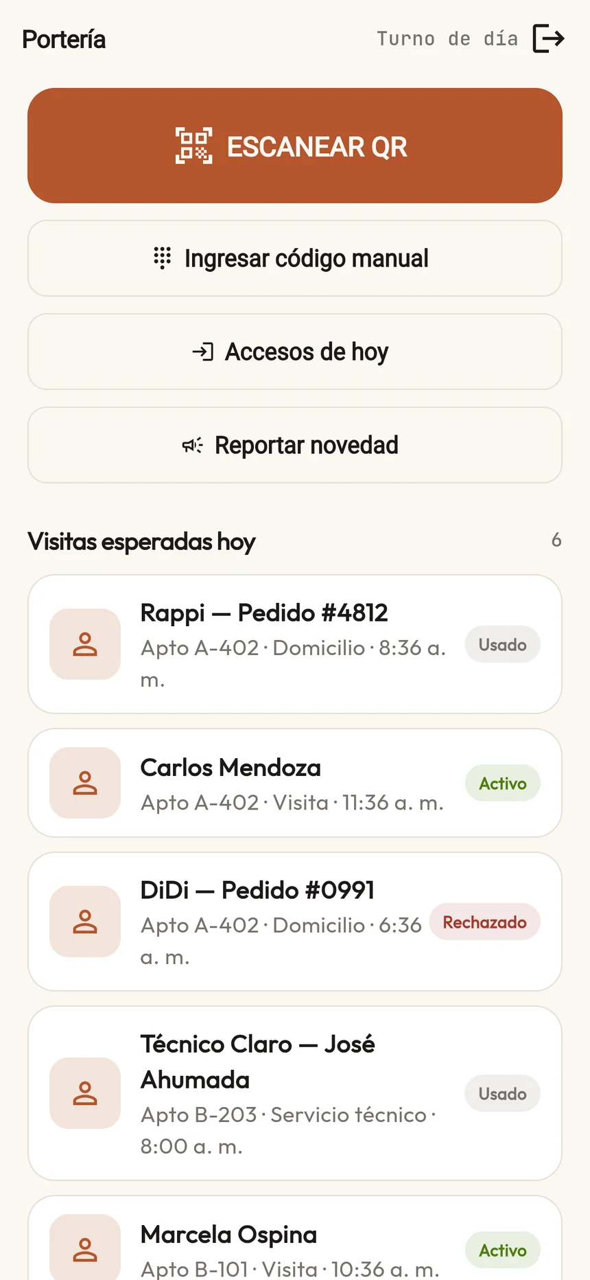 Inicio de portería con el botón grande Escanear QR, ingreso de código manual, accesos de hoy y la lista de visitas esperadas.
