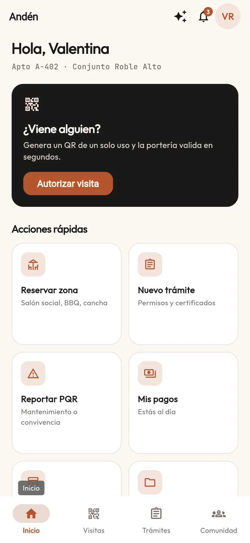 Inicio de la app para Valentina Ríos, Apto A-402 del Conjunto Roble Alto: tarjeta para autorizar una visita con QR y acciones rápidas de reservas, trámites, PQR y pagos.