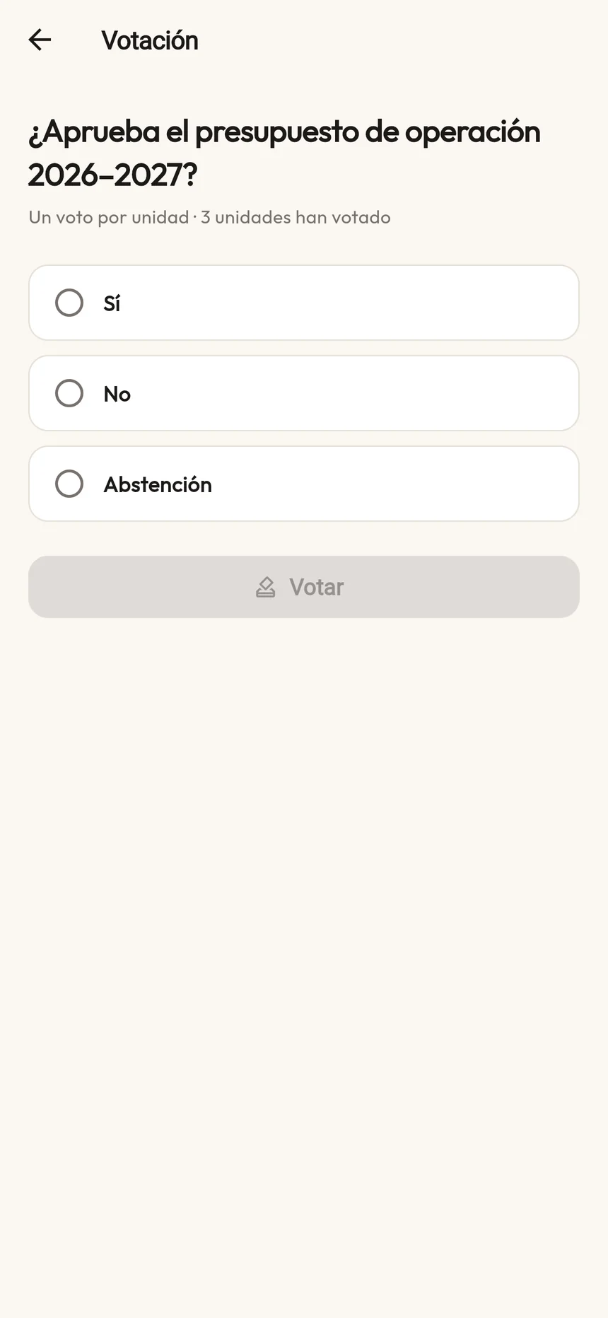 Votación ¿Aprueba el presupuesto de operación 2026-2027? con un voto por unidad, la unidad votó Sí, y resultados parciales en barras.